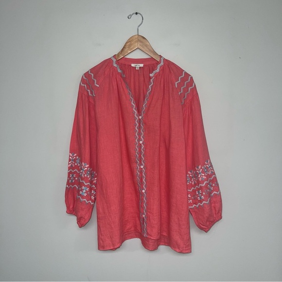 Tyler Boe Blouse Women's Size Medium Coral Pink 100% Linen Embroidered‎ Tunic - Picture 2 of 7